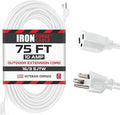 Iron Forge Cable Weatherproof 75 Ft Outdoor Extension Cord - 16/3 SJTW Heavy Duty White Extension Cord 3 Prong - 10 Amp Exterior Power Cable