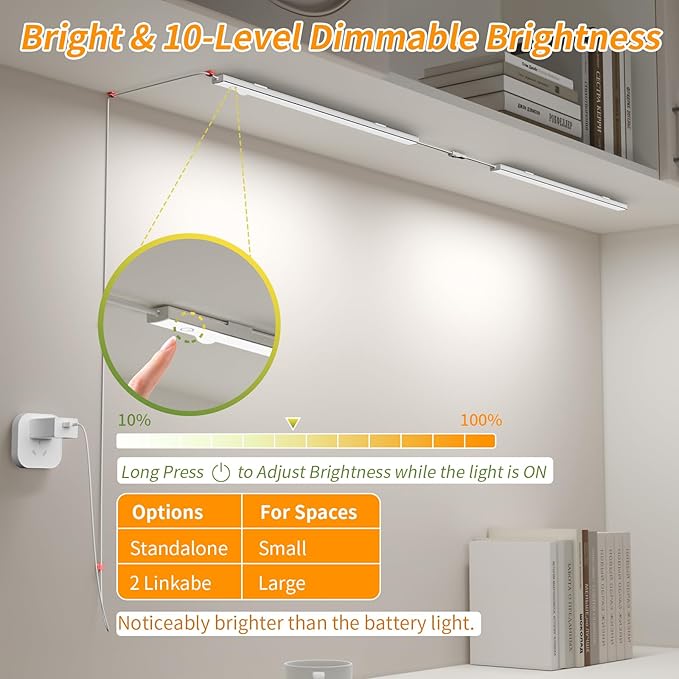 14" Slim USB Plug-in LED Motion Sensor Light Indoor, Bright & Dimmable Under Cabinet Light - 3 Modes (ON/Night/Day) for Kitchen, Cabinet, Closet - 3000K Warm White, 1 Pack (2 Linkable)