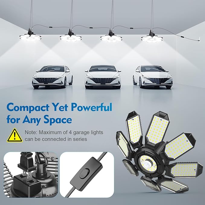TANBABY 2 Pack LED Garage Lights with Motion Sensor, 250W Deformable Garage Light, Total 50000LM 6500K Daylight, 8+1 Adjustable Panels, Plug-in Cord Ceiling Light for Basement