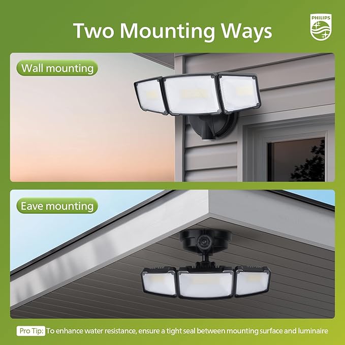 Philips 72W 7400LM LED Flood Lights Outdoor, Dusk to Dawn Aluminum Security Lights, 3 Adjustable Heads, Wall Mount, 5000K Daylight, Waterproof for Yard, Garage