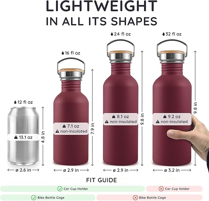 Bambaw Non-insulated 32 oz Water Bottle, Reusable Water Bottle Red, Single Wall Stainless Steel Water Bottle, Travel Water Bottle 32oz, Metal Water Bottle with Handle – Red Berry