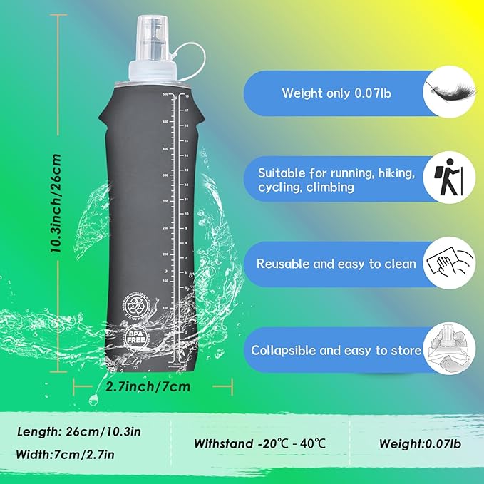 Flexible Running Bottles - Two Pack: 500ml/17oz, Foldable, BPA/PVC Free Soft Flask for Hydration Vests and Running Packs, Collapsible Leak-proof Pocket Bottle for Jogging, Hiking, Cycling, Climbing