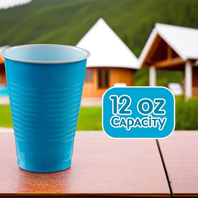 Caribbean Blue Plastic Cups (Pack of 20) - 12 oz. - Versatile Drinkware for Indoor & Outdoor Parties, Weddings, Birthdays, Celebrations & More