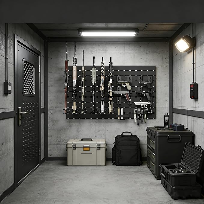 Wall Rack System - Heavy-Duty Aluminium Tactical Storage for Rifles, Carbines, Shotguns & Handguns, Modular Slatwall Organizer Holds up to 3 Rifles, 7 Pistols & 4 Mags