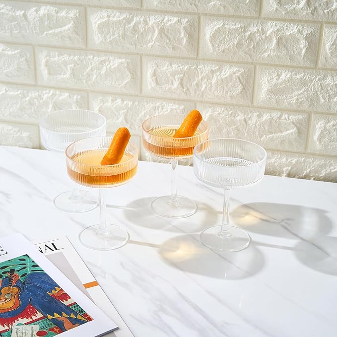 Khen Vintage Art Deco Shatterproof Coupe Martini, Champagne & Cocktail Glasses | Set of 4 | Acrylic Ribbed Glasses 8 oz Ripple Glassware Classic Cocktail Glassware Indoor & Outdoor, European Design