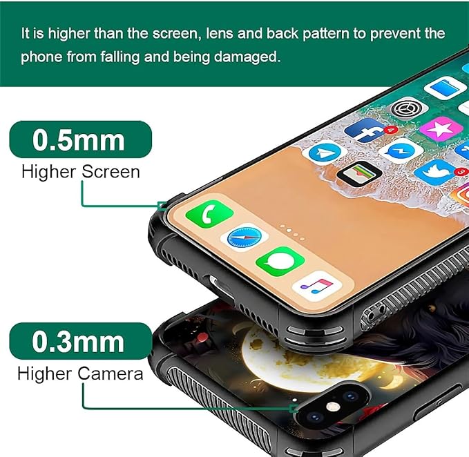 for iPhone X/Xs Case, Black White Wolf Moon Flower Rose Pattern Made of Soft Silicone Hard Acrylic Shock Protection for iPhone X/Xs