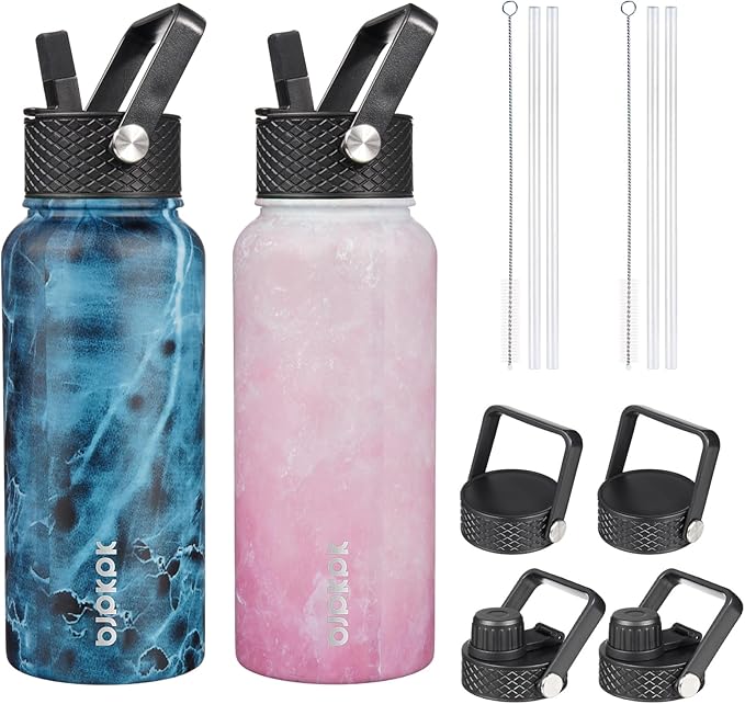 BJPKPK 2 Pack Insulated Water Bottles with Straw Lids, 32oz Stainless Steel Metal Water Bottle with 6 Lids, Leak Proof BPA Free Jugs, Cups, Flasks for Travel, Sports (Blossom+Ocean)