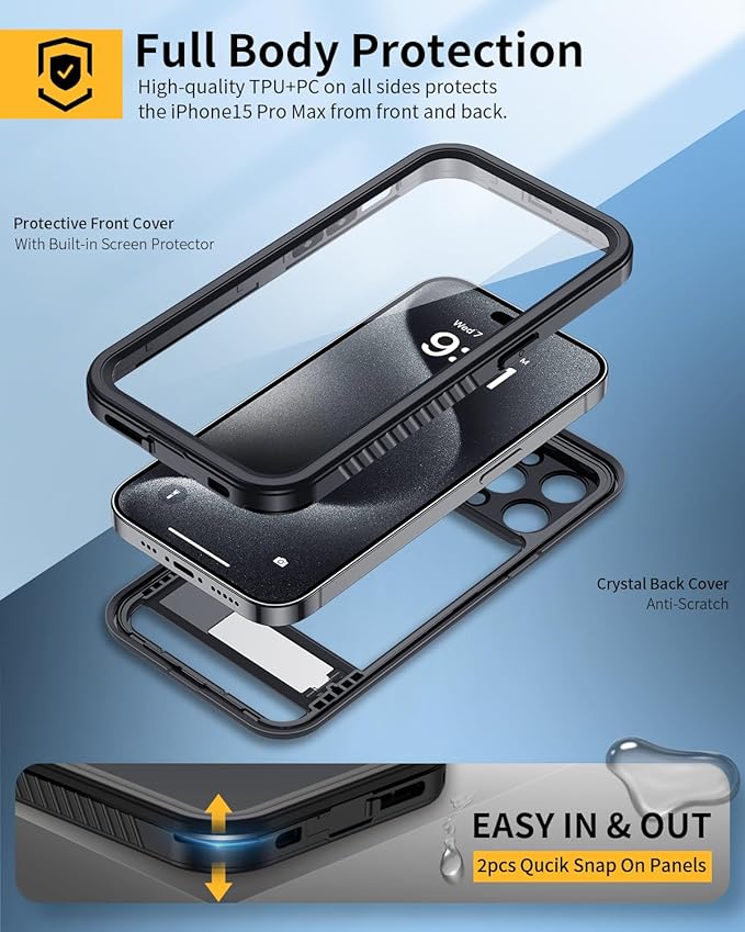 Lanhiem for iPhone 15 Pro Max Case with Kickstand, IP68 Waterproof Dustproof Built-in Screen Protector, Full Body Shockproof Protective Front and Back Cover for iPhone 15 Pro Max, 6.7 Inch (Black)