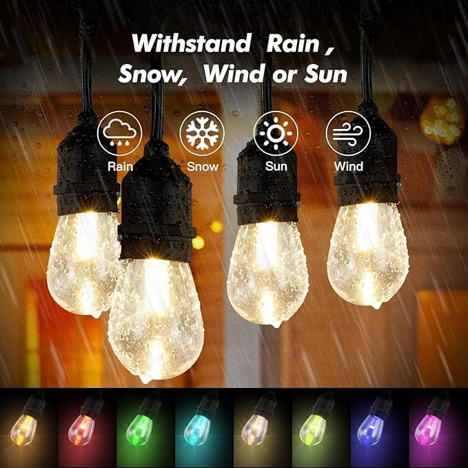 Auroraworld 48FT RGB Outdoor String Lights, Dimmable Color Changing Waterproof LED Patio Lights with Remote, 15 Shatterproof Bulbs for Porch Balcony Garden Party Decor