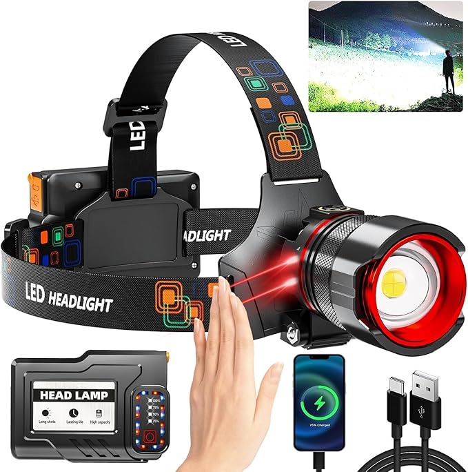 Rechargeable LED Headlamp 99000 High Lumens, Super Bright with 12 Modes & IPX7 Level Waterproof USB Rechargeable Zoom Headlight, 125° Adjustable for Outdoor Camping, Running, Cycling, Climbing, Home