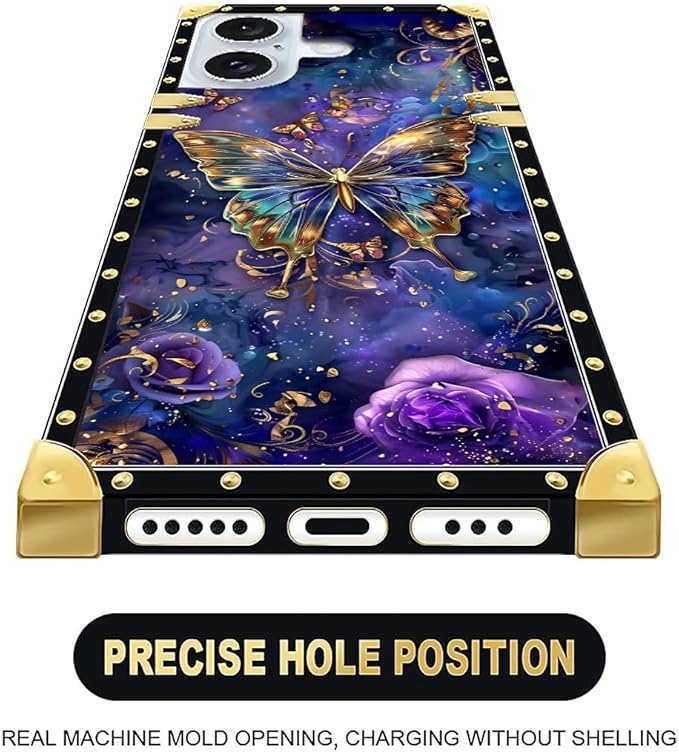 Compatible with iPhone 16 Case, Glistening Golden Butterfly Vibrant Purple Blue Luxury Golden Decoration for Girl Women Soft TPU Shockproof Protective Hard PC Back