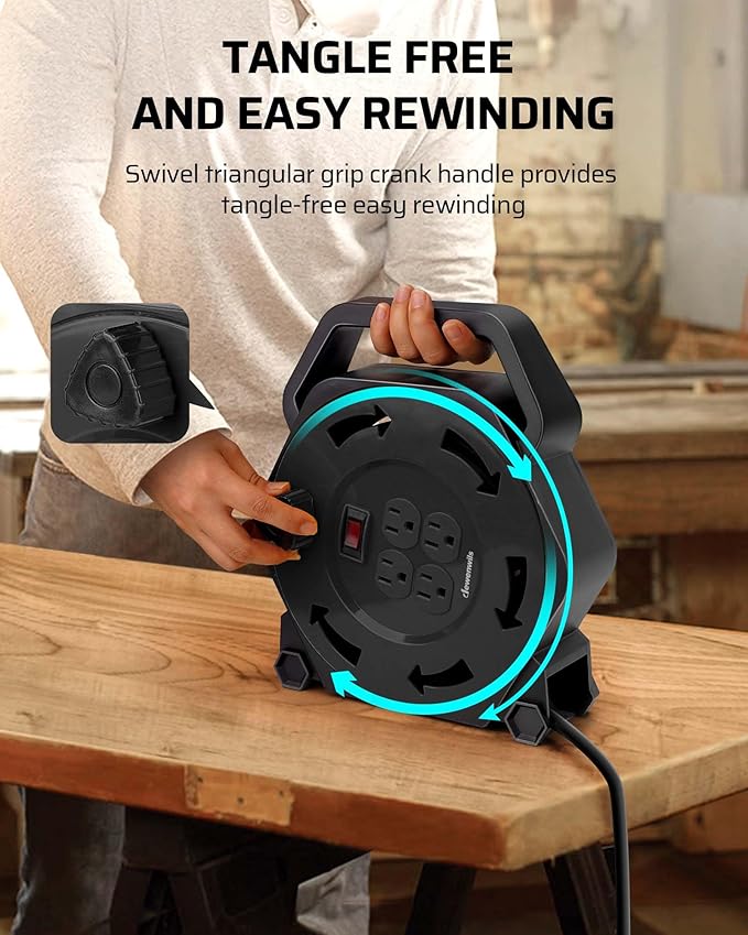 DEWENWILS Extension Cord Reel with 25 FT Power Cord, Hand Wind Retractable, 16/3 AWG SJTW, 4 Grounded Outlets, 13 Amp Circuit Breaker, Black, UL Listed