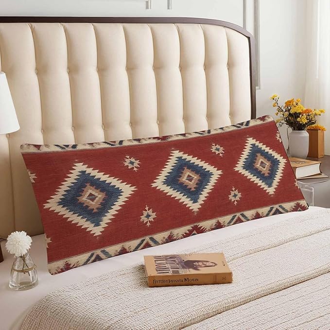 Decorative Body Pillow Covers 20x54inch Ethnic Red, Southwest Native American Style Chevron Body Pillow Case Cushion Cover Wrinkle Fade Body Pillowcases for Bed/Sofa/Couch/Patio/Balcony