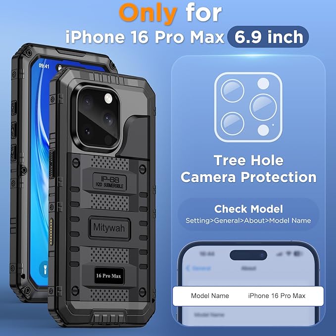 Mitywah Waterproof Case for iPhone 16 Pro Max, Heavy Duty Metal Cover with Built-in Screen Protector, Military Grade Full Body Shockproof Rugged Protective Phone Case 6.9 inch, Black