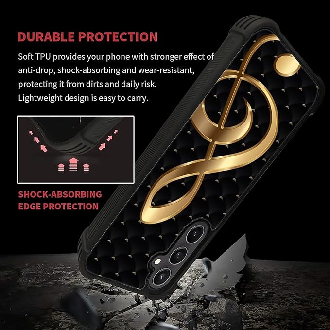 for Samsung Galaxy S23 FE Case, Gold Black Music Pattern Graphic Design Girl Boy Soft Silicone Hard Acrylic Shock Protection for Samsung Galaxy S23 FE
