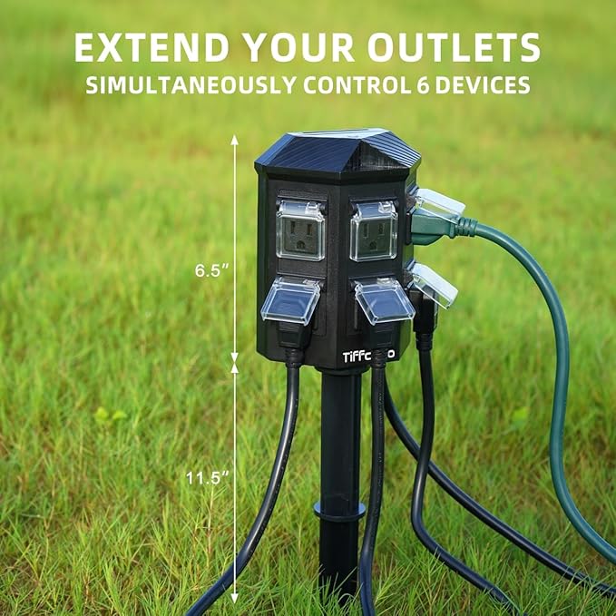 TiFFCOFiO Outdoor Power Strip with Stake Waterproof, 20 FT Extension Cord, 6 Grounded Outlets for Outdoor Lights, 14 AWG, 15A/1875W, ETL Listed