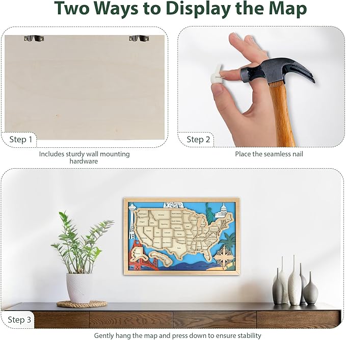 Wooden USA Landmark Travel Map, 16.5 x 11, 3-Layer Wood State Map Tracker Puzzle with Gift Box - Personalized Wall Art & RV Decor with Table Stand, Marker Pen & Adhesive Backing (Landmark, 16.5 x 11")