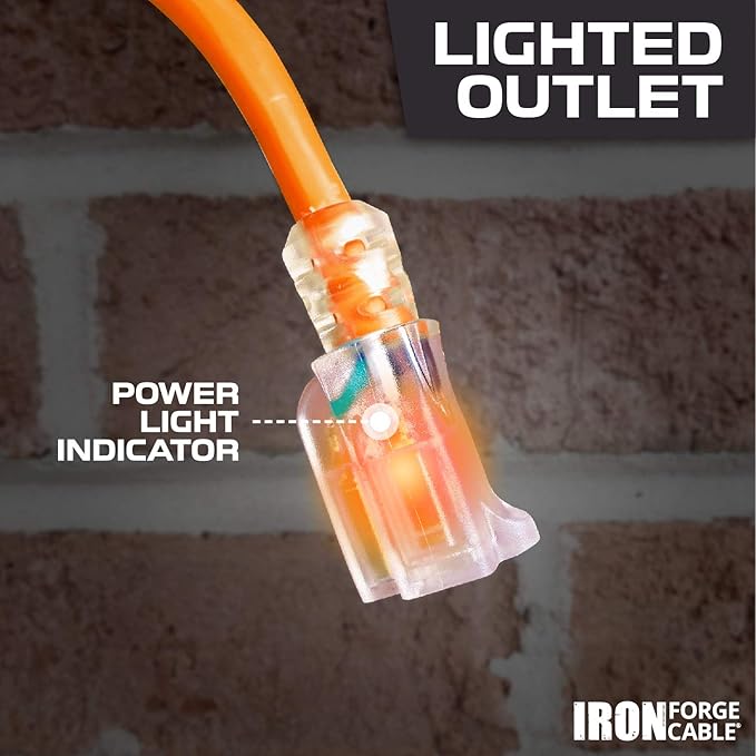 IRON FORGE CABLE 12 Gauge Extension Cord 25 Ft Lighted End - 12 AWG Heavy Duty Cord with 3 Prong, Industrial Grade Orange Outdoor Cable 12/3 SJTW for Major Appliances & HVAC, US Veteran Owned