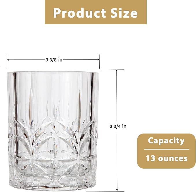 Lily's Home Unbreakable Acrylic Double Old Fashioned Whiskey Tumblers, Drinking Glasses for Liquor,Rum-Premium Shatterproof Glasses, ideal for indoor/outdoor,are reusable & crystal clear-13oz Set of 4