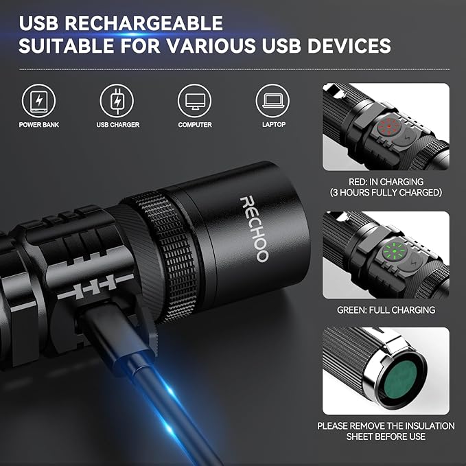 RECHOO Flashlight Rechargeable High Lumens, Dual Switch Rechargeable LED Flashlight 1 Pack, Adjustable Foucs 5 Lighting Modes Flashlights for Home, Camping, Gifts for Men