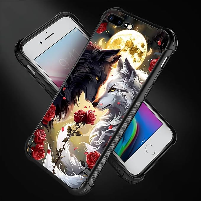 for iPhone 7/8 Case, Black White Wolf Moon Flower Rose Pattern Made of Soft Silicone Hard Acrylic Shock Protection for iPhone 7/8