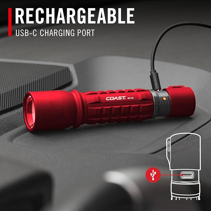 Coast XP11R 2600 Lumen USB-C Rechargeable LED Flashlight with Slide Focus® and Pure Beam® Focusing Optic, 4 Light Modes, Red