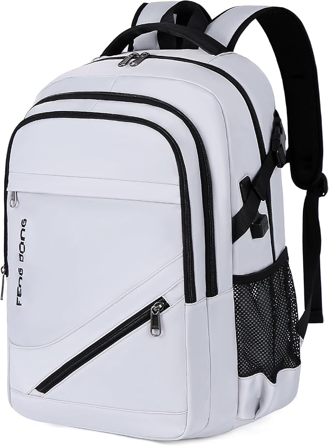 FENGDONG Durable Waterproof Travel Laptop Backpack 17.3 inch,Large College Backpack Bookbag for Men & Women Business Backpack with USB Charging Port and Headset Port Silver Black