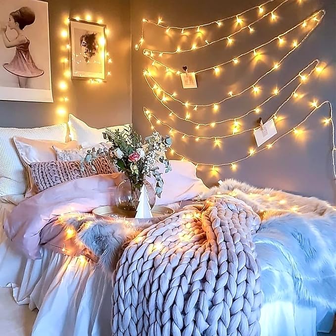 JMEXSUSS 33ft 100 LED Warm White String Lights for Room Decor, Battery Operated Christmas Lights with 8 Modes Remote, Twinkle Fairy Mini Lights for Bedroom Home Wall House Decor