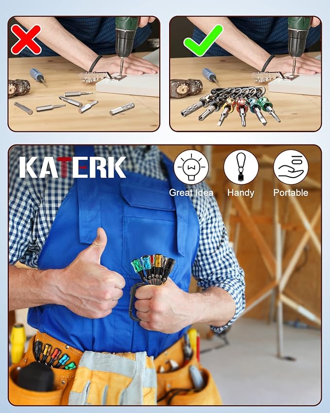 katerk 6pcs 1/4 inch Hex Shank Aluminum Alloy Screwdriver Bits Holder 8 Sets, Light-weight Quick-change Extension Bar Keychain Drill Screw Adapter Change Portable（6 Colors With Black Carabiner)