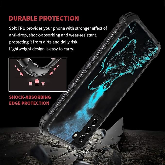 for Samsung Galaxy S22 Case, Blue Breathing Wolf Pattern Graphic Design Girl Boy Soft Silicone Hard Acrylic Shock Protection for Samsung Galaxy S22