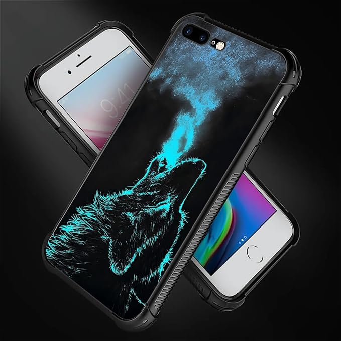 for iPhone 7/8 Case, Blue Breathing Wolf Pattern Graphic Design Girl Boy Soft Silicone Hard Acrylic Shock Protection for iPhone 7/8