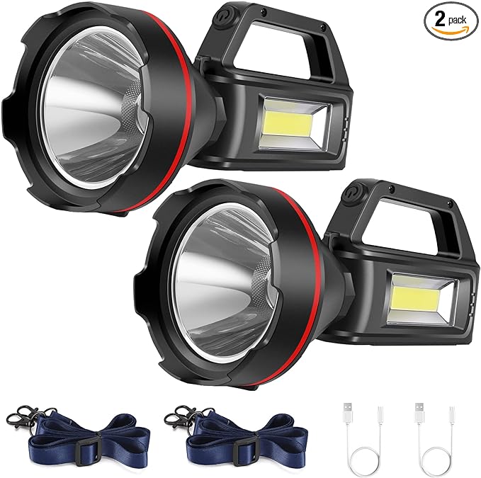 Rechargeable Spotlight Flashlight, High Lumens Handheld Spotlight,LED Searchlight with Shoulder Strap and USB Output for During Hurricane,Emergency, Storms,Hunting , Hiking, Camping(Black Pack of 2)