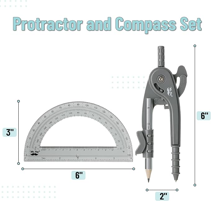 Mr. Pen- Geometry Compass and Protractor Set, 6 Inch Compass, 6 Inch Protractor, Drawing Tool for School, Clear Plastic, Easy Grip, Precision Design for Math, Art, Drafting, Architecture