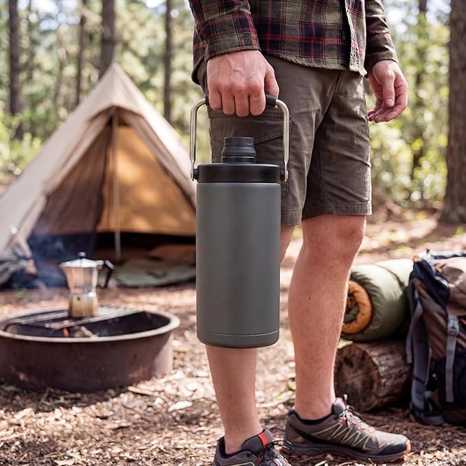 Kerilyn Insulated Half Gallon Jug with Handle, 64oz Stainless Steel, Large Double Vacuum Water Bottle for Hot & Cold Drinks, Wide Mouth, Sweat Proof, Great for Travel, Camping, Grey