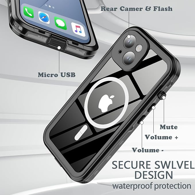 for iPhone 14 Case Waterproof, [Shockproof] [Dustproof] [IP68 Waterproof] Full-Body Hard Case Built-in [Lens Screen Protection] for Diving Case (Black, for iPhone 14 6.1in)