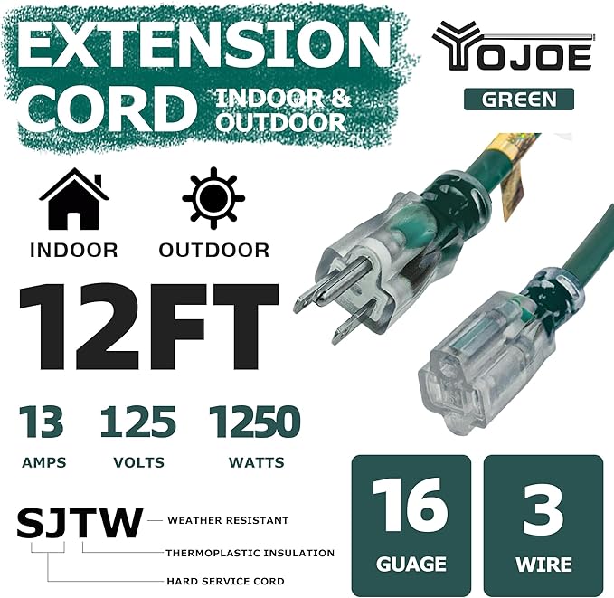 YOJOE Indoor Outdoor Extension Cord with Lighted End, 3 Prong 13A Weatherproof Power Cord, 16 Gauge Heavy Duty 12 ft Green Extension Cord for Garage, Garden and Home, 16/3 SJTW UL Listed