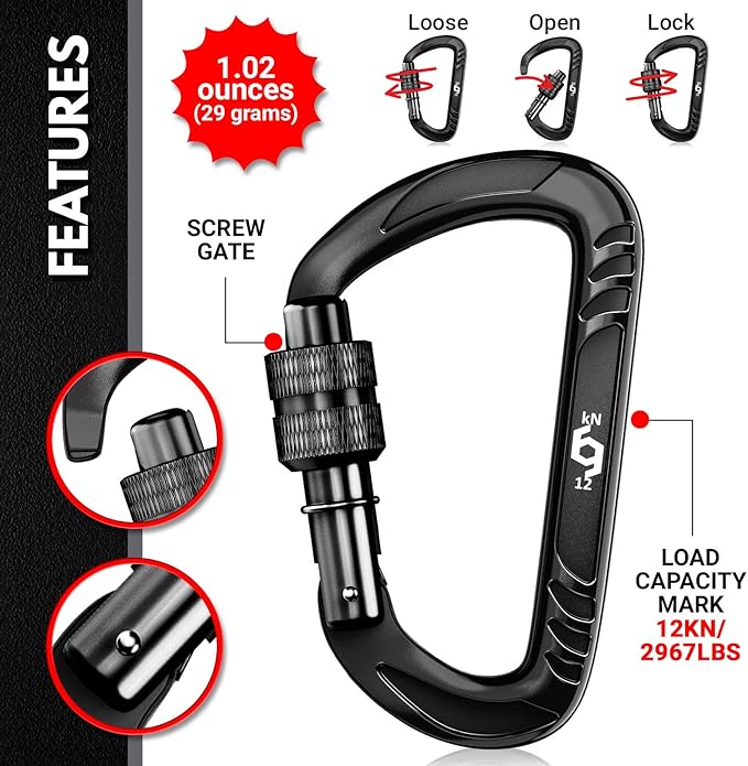 Rhino Produxs 12kN (2697 lbs) Heavy Duty Carabiner Clips, for Securing Pets, Outdoor, Camping, Hiking, Hammock, Dog Leash Harness, Keychains