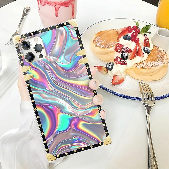 Compatible with iPhone 12 Case, Holographic Abstract Iridescent Textures Luxury Golden Decoration for Girl Women Soft TPU Shockproof Protective Hard PC Back for iPhone 12 Pro
