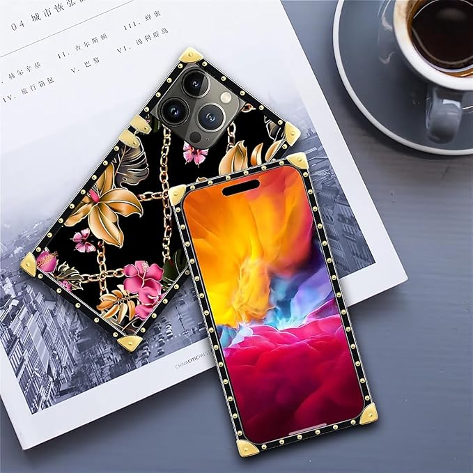 Compatible with iPhone 15 Pro Max Case, Pink Golden Chain Tropical Flower Luxury Golden Decoration for Girl Women Soft TPU Shockproof Protective Hard PC Back for iPhone 15 Pro Max