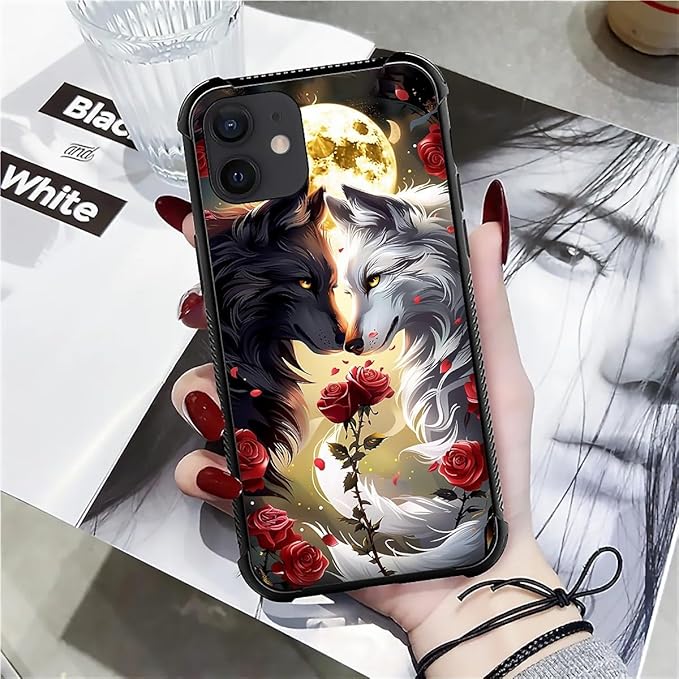 for iPhone 12 Mini Case, Black White Wolf Moon Flower Rose Pattern Made of Soft Silicone Hard Acrylic Shock Protection for iPhone 12 Mini