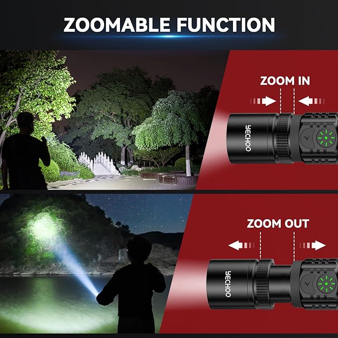RECHOO Flashlights USB Rechargeable 2 Pack Double Switch S3000L LED Tactical Flashlight High Lumens Super Bright 5 Modes Zoomable Waterproof Flashlight for Camping, Emergency