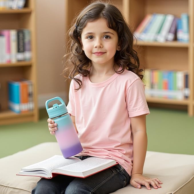 Fijinhom 12oz Kids Water Bottle for School, Toddler Bottles with Straws, Stainless Steel Vacuum Insulated Water Bottle for Boys&Girls, Leak-Proof, BPA-Free, Bubble Gum