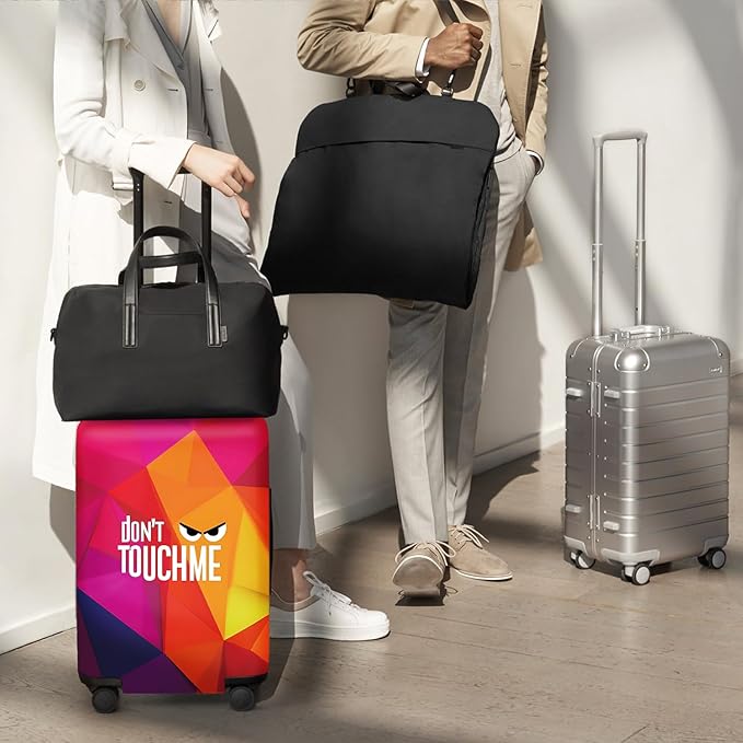 Don't Touch Me Funny Travel Luggage Cover-Neon Geometric Stretchable Airplane Suitcase Protector Sleeve,Universal Washable Fit for 20-22 Inch Checked Baggage,Water Resistant Durable Luggage Protector
