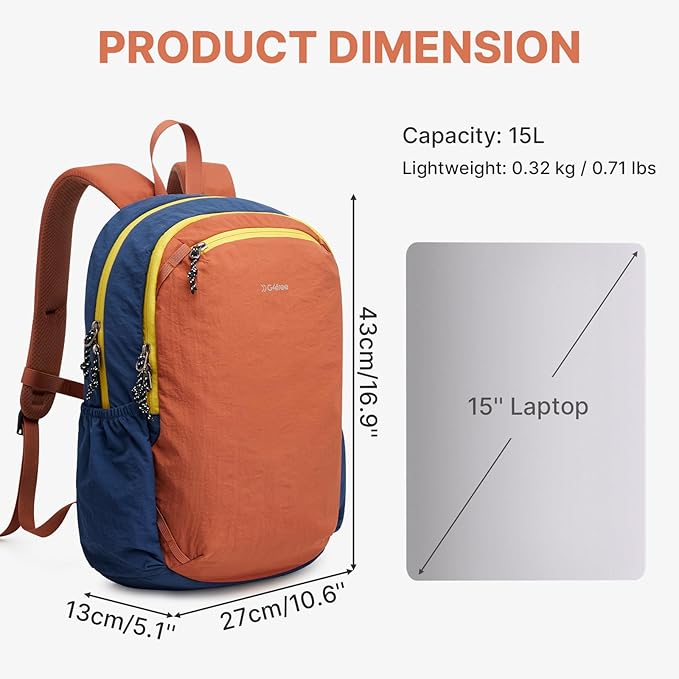 G4Free 15L Hiking Backpack Lightweight Small Travel Backpack Casual Daypack for Women Men Outdoor Campus, Orange