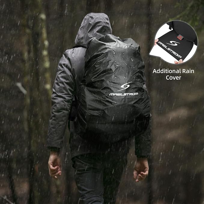 Maelstrom Hiking Backpack, 40L Waterproof Camping Daypack for Men and Women, Lightweight Travel Pack with Rain Cover (Black)