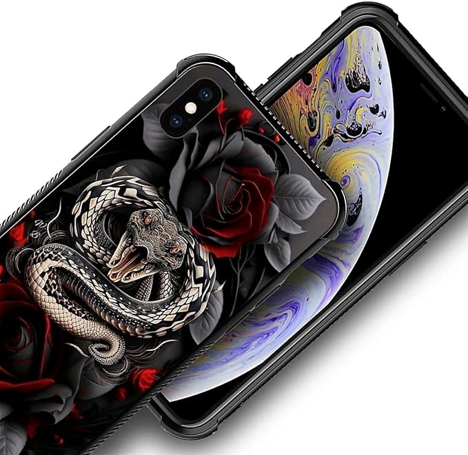 for iPhone X/Xs Case, Entwined Rose Snake Pattern Graphic Design Girl Boy Soft Silicone Hard Acrylic Shock Protection for iPhone X/Xs