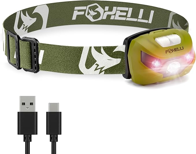 Foxelli USB-C Rechargeable LED Headlamp – Super Bright, Lightweight Head Lamp for Running, Camping, Hiking & Work – Comfortable Fit for Adults & Kids