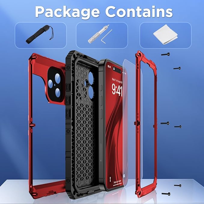 Mitywah Waterproof Case for iPhone 16 Plus, Shockproof Heavy Duty Case with Built-in Screen Protector, Underwater Full Body Protective Metal Case 6.7 inch, Red