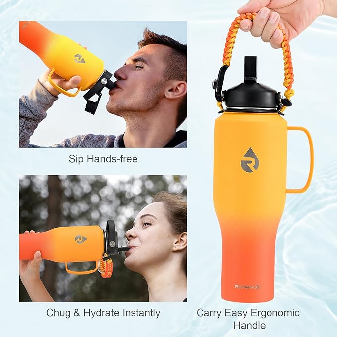 RAYMYLO Insulated Water Bottle 40oz (Cold for 48 Hrs), Stainless Steel Water Bottle with Handle & Straw Lid & Paracord Handle, Triple Wall Vacuum Leakproof Travel Flask, Fit in Any Car Cup Holder