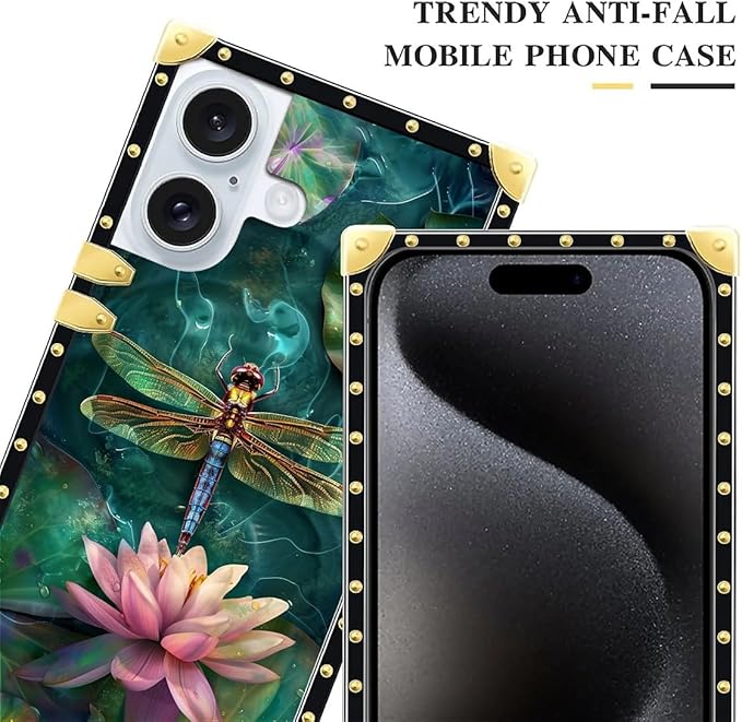 Compatible with iPhone 16 Case, Colourful Dragonfly Pink Lily Pads Luxury Golden Decoration for Girl Women Soft TPU Shockproof Protective Hard PC Back